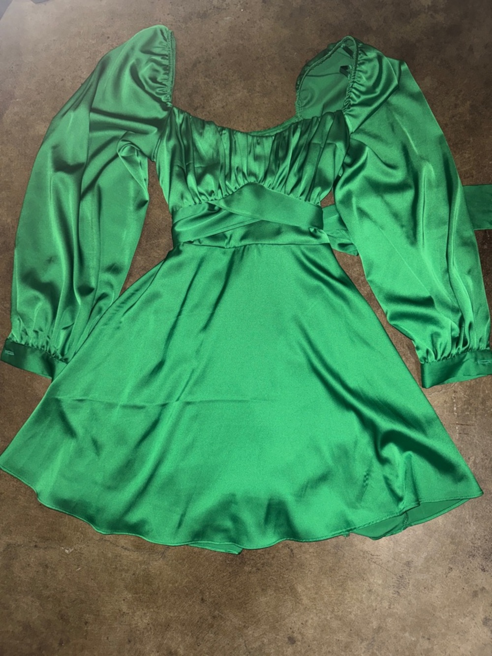 B. Darlin Vibrant Green Satin Dress with Puff Detail